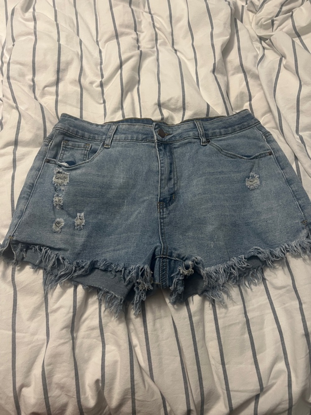 Casual Light Blue Distressed Denim Shorts with Frayed Hem